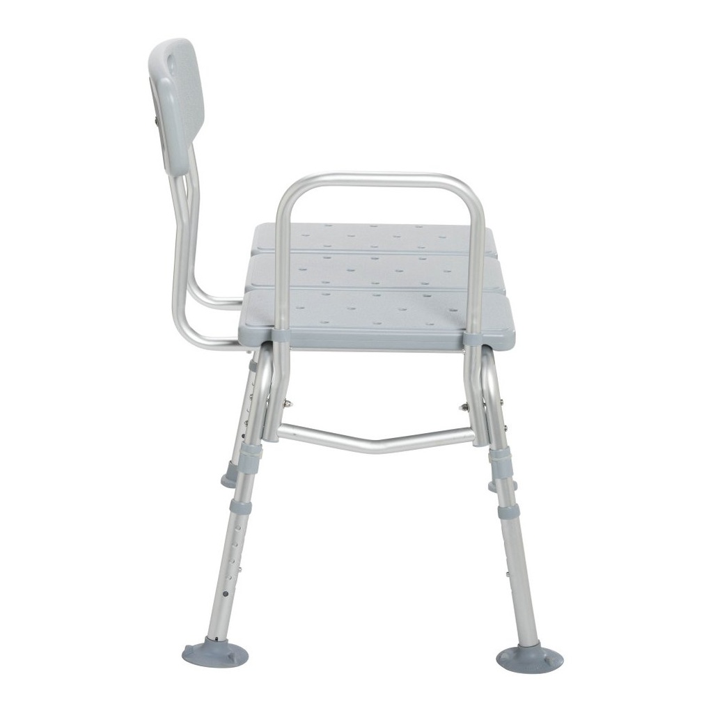 Side view of the grey transfer bench, with the arm and A-frame visible