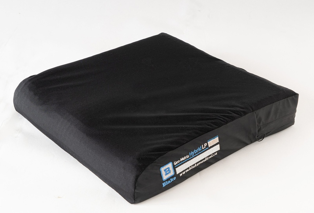 Geo-Matrix Hybrid Low-Profile cushion in its black cover, with the Blake label on the front edge