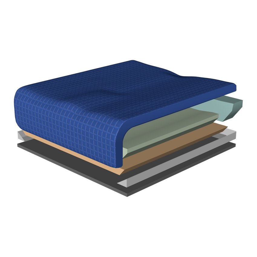 Cutaway of the Geo-Matrix Hybrid Low-Profile cushion showing its cover, gel layer and foam core