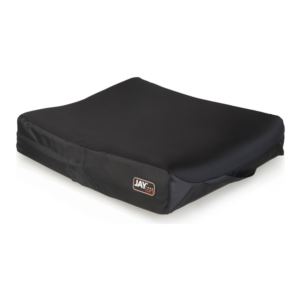 Jay Ion cushion fully assembled in its stretch outer cover, seen from the front three quarter angle