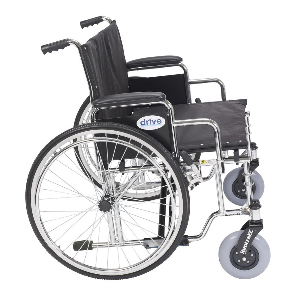 Side view of a Drive Sentra EC bariatric chair with spoke wheels and desk arms