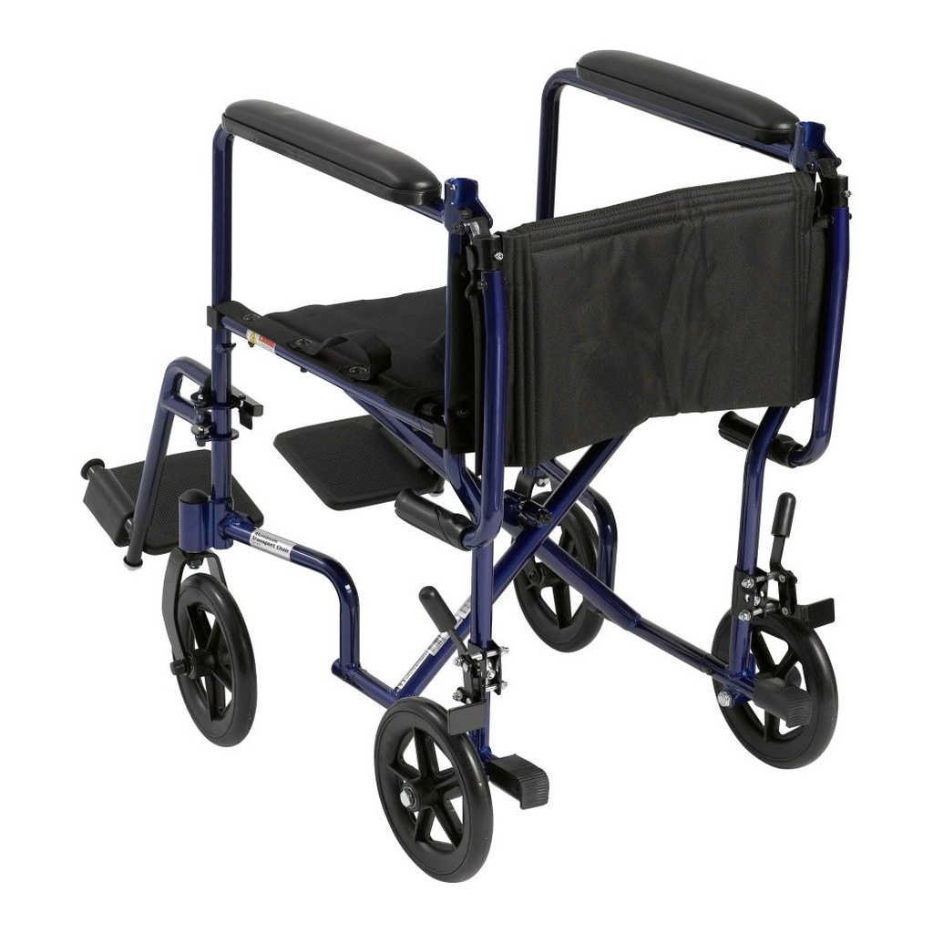 Rear three-quarter of the blue aluminum transport chair with padded arms and footrests