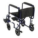Rear three-quarter of the blue aluminum transport chair with padded arms and footrests