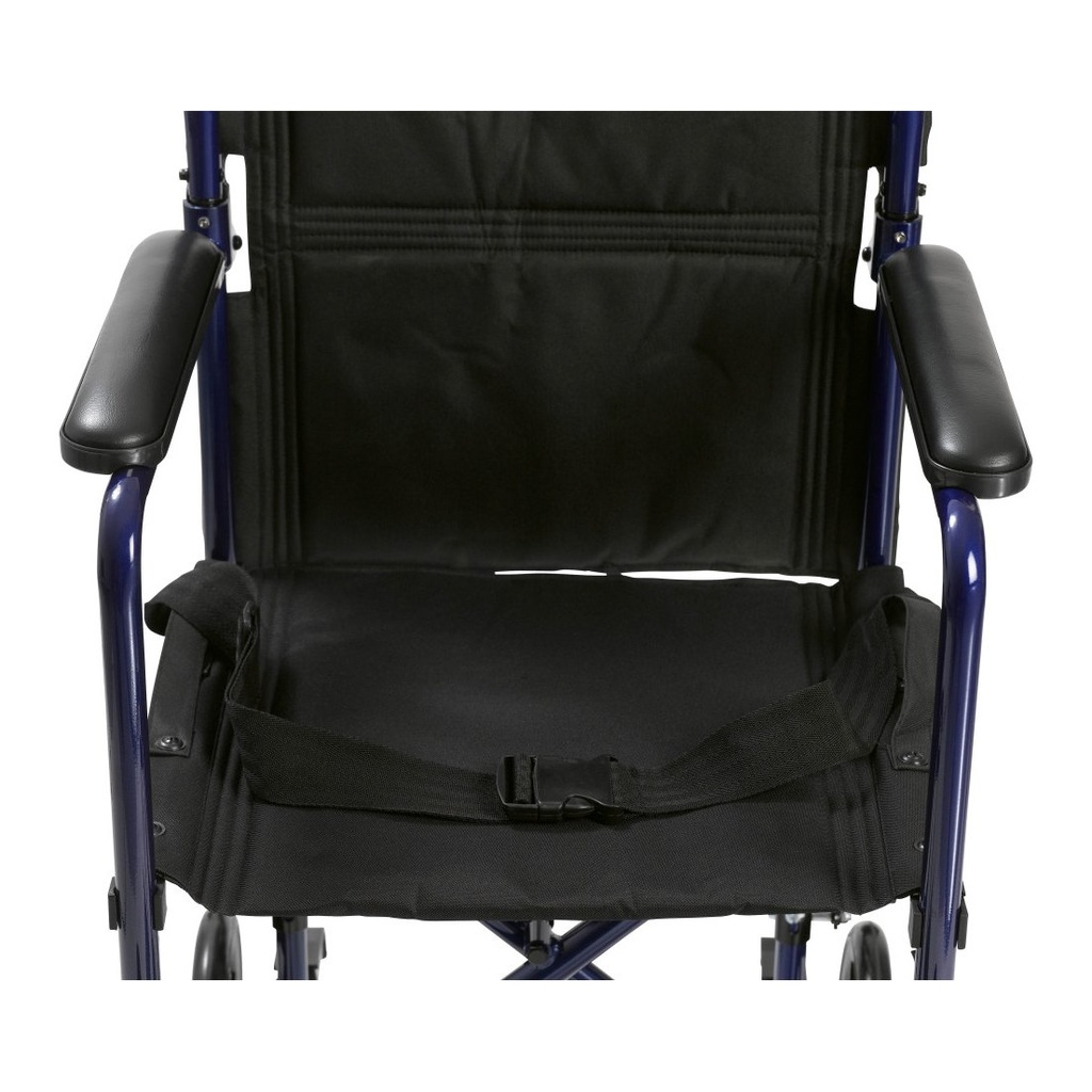 Black nylon seat and buckle seat belt on the blue aluminum transport chair