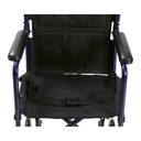 Black nylon seat and buckle seat belt on the blue aluminum transport chair