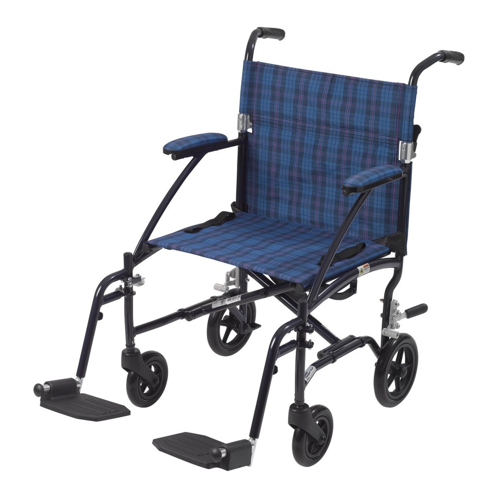 Side view of the blue Fly-Lite chair with plaid upholstery and footrests down