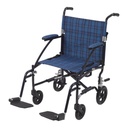 Side view of the blue Fly-Lite chair with plaid upholstery and footrests down