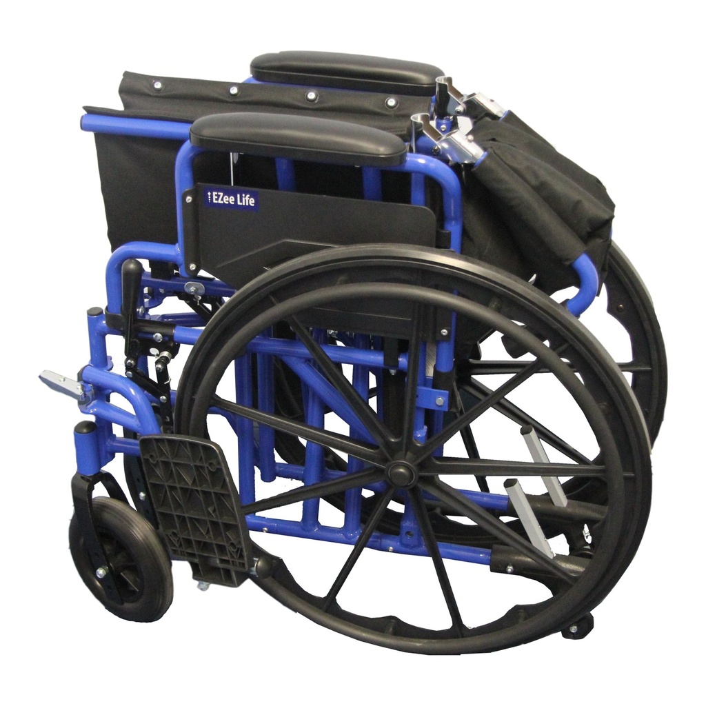 Folded blue Ezee Life chair with the back down and both rear wheels visible