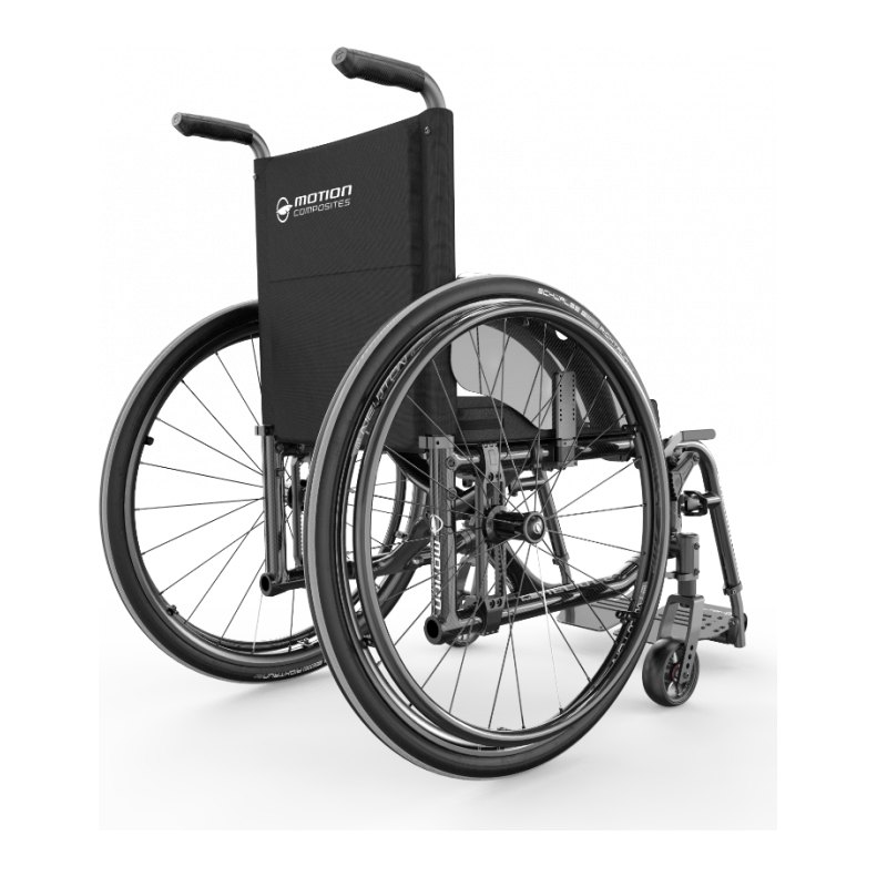 Rear view of the carbon Helio Ultralight Folding chair with two push handles and a labelled back