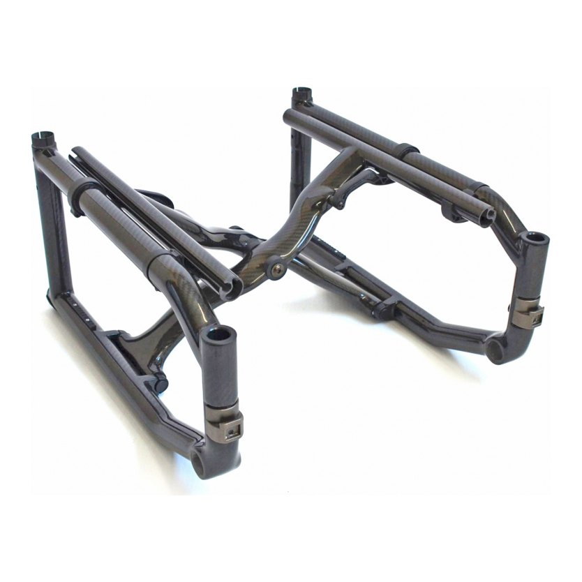 Bare carbon folding frame with a cross-brace and open sockets for the back canes