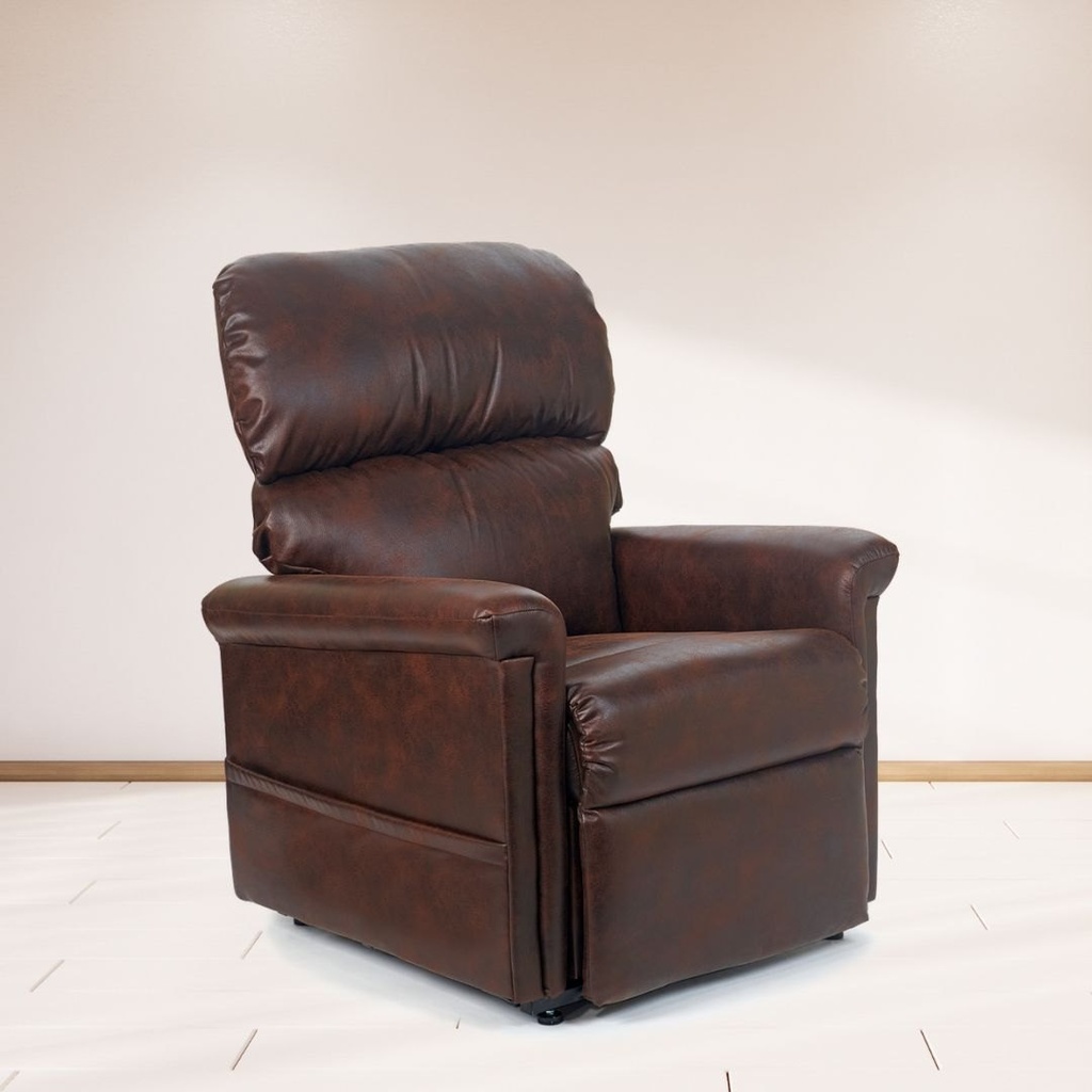 Brown Austin UC342 upright, footrest closed, padded back and rolled arms