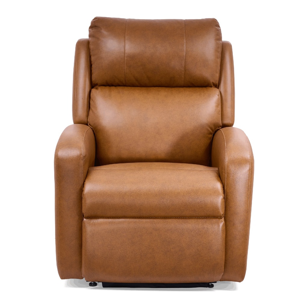 Caramel Sleeper Slim PR764 upright, stitched back, rolled arms, footrest closed