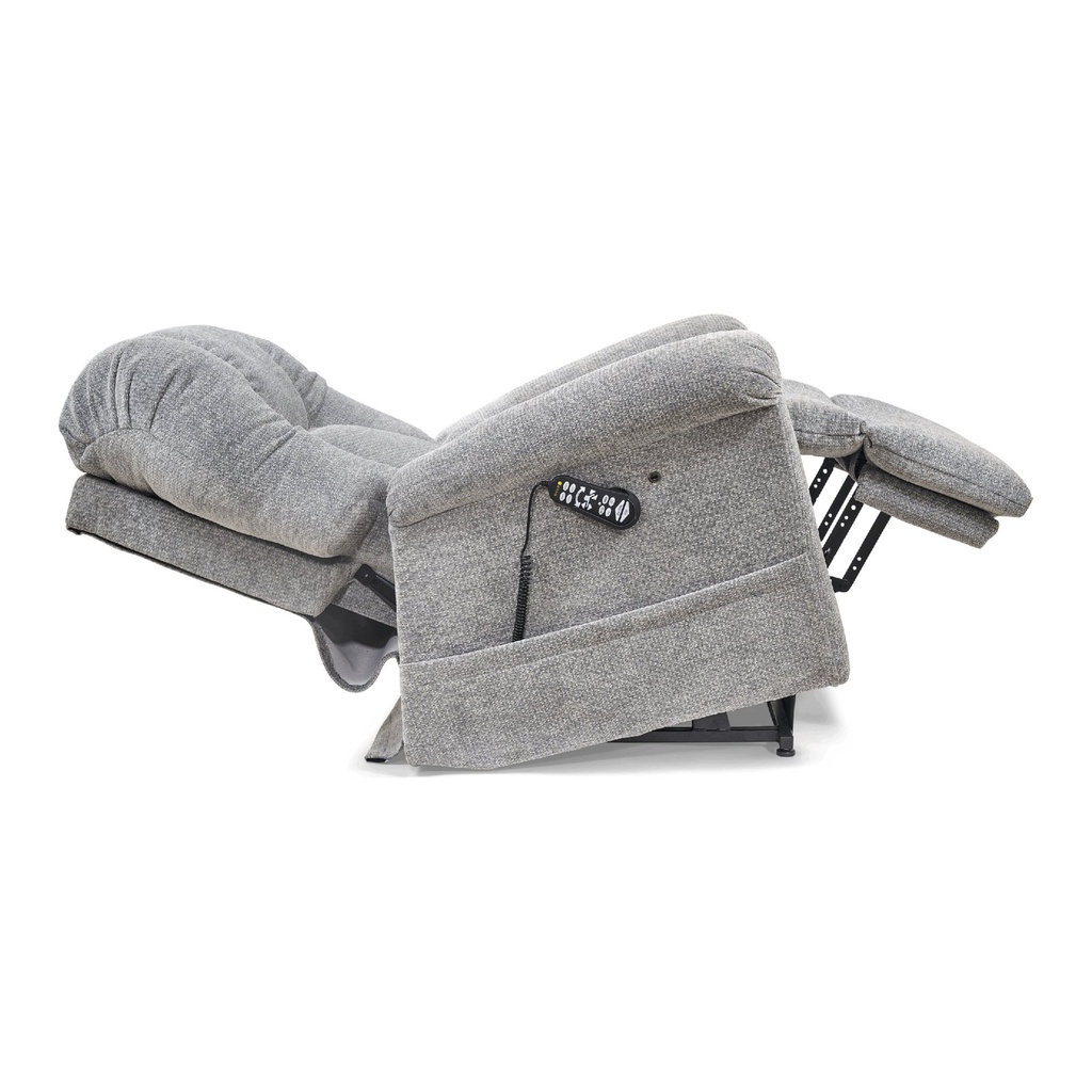 Grey Cloud Luxury PR527 reclined, footrest extended, hand control on the arm