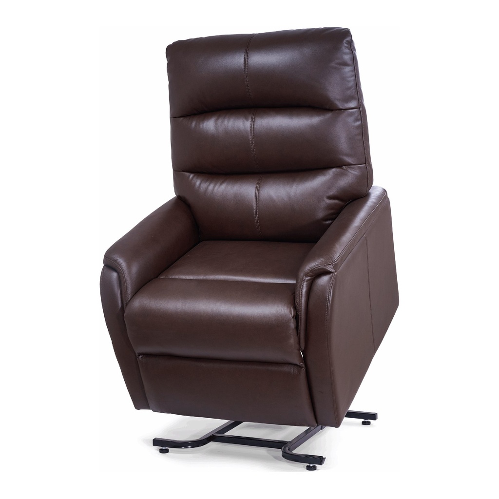 Brown Elara PL118 raised on the lift frame, segmented back, footrest closed
