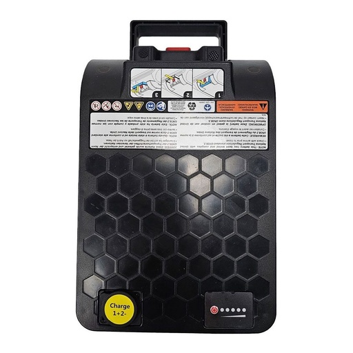 Black Go Go Carbon battery box with its carry handle, Charge socket and charge gauge
