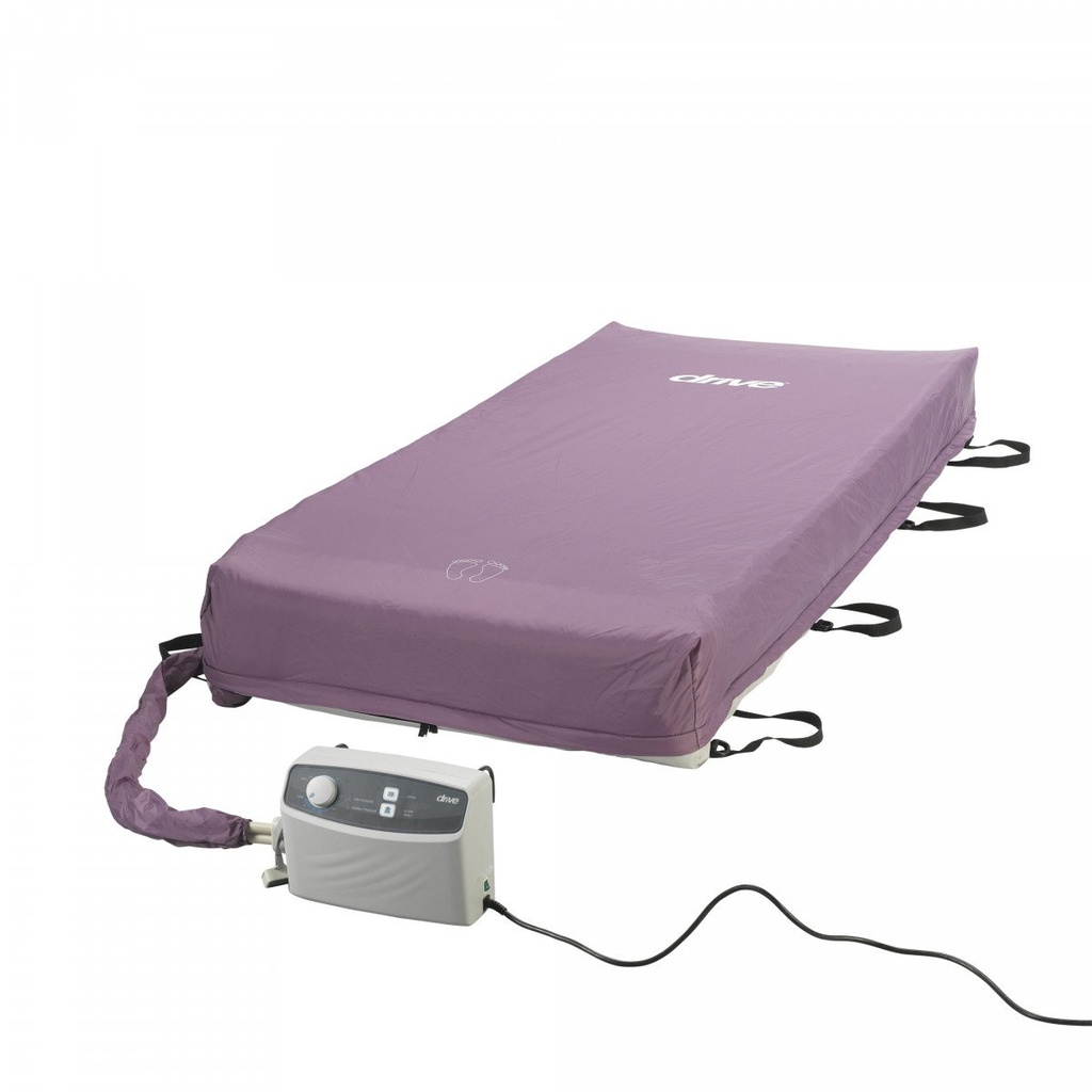 Med-Aire 8 mattress in its mauve cover with the pump and hose beside it