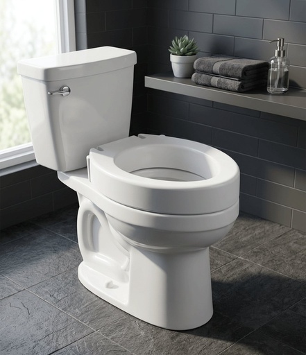 The MOBB seat in place over a toilet bowl in a tiled bathroom, raising the seating height