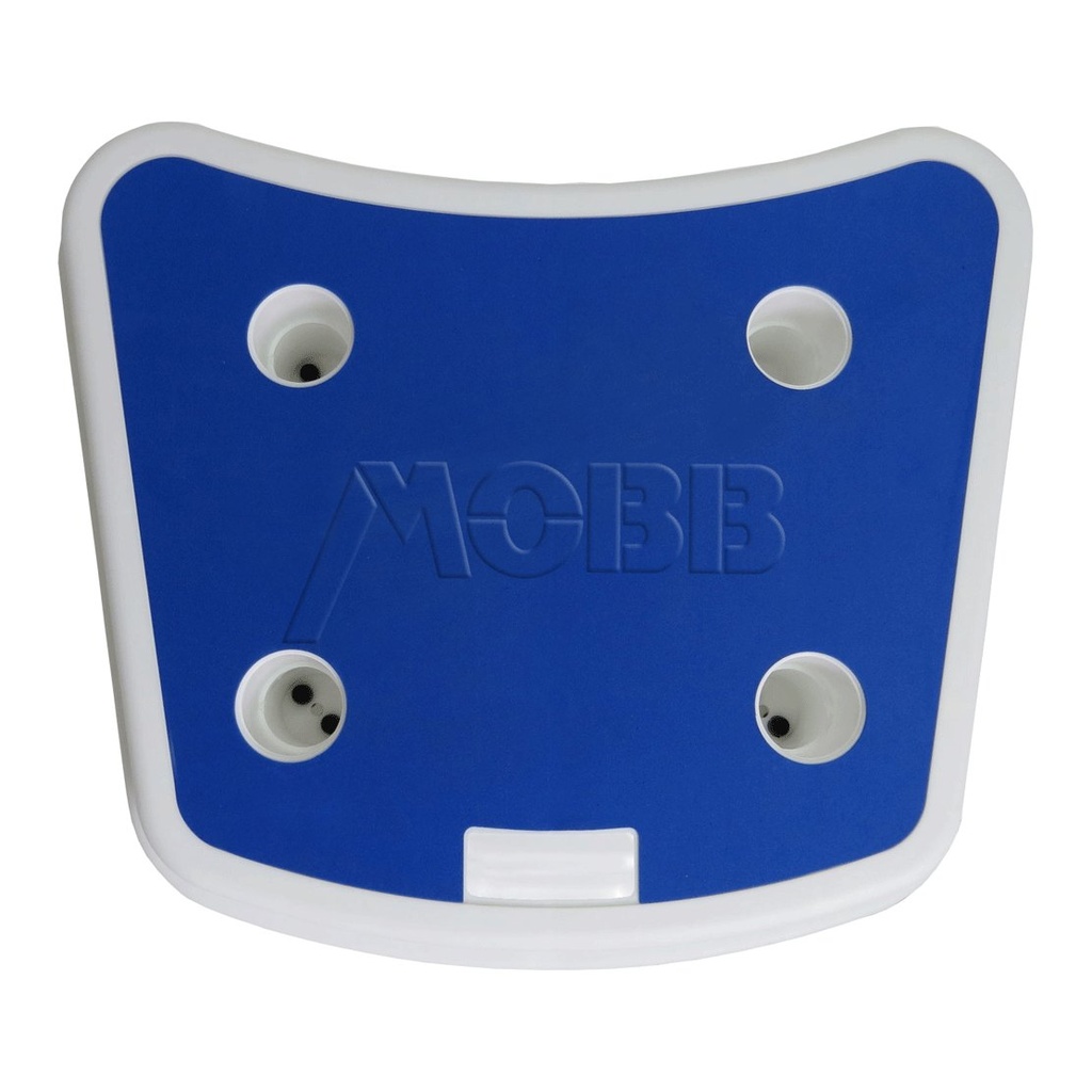 Underside of the MOBB bath step, blue base with four round openings inside a white rim