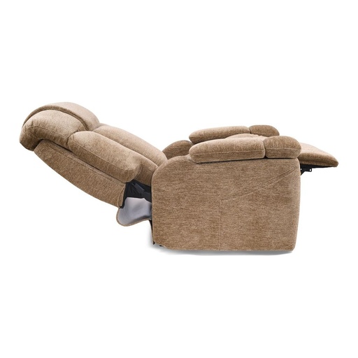 Rhea PR447 reclined on its side in a tan fabric, footrest extended
