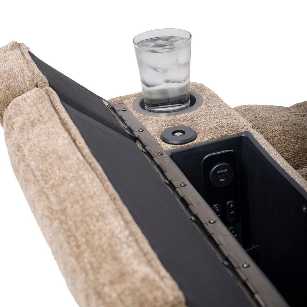 Open arm of the Rhea PR447 with a cup holder and massage remote