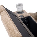 Open arm of the Rhea PR447 with a cup holder and massage remote