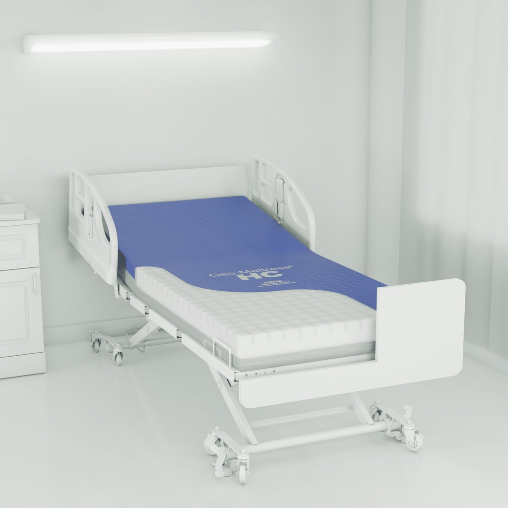 Span America Geo-Mattress HC on a hospital bed, blue cover open over white foam