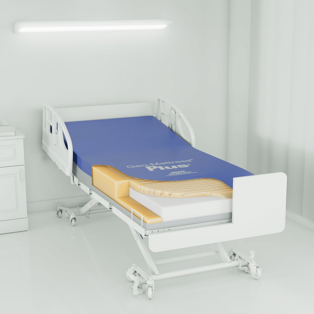 Span America Geo-Mattress Plus on a hospital bed, cover open over two foam layers