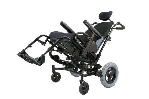 The SR45 tilted back, seen from a front corner, with the footplates raised off the floor and the headrest behind