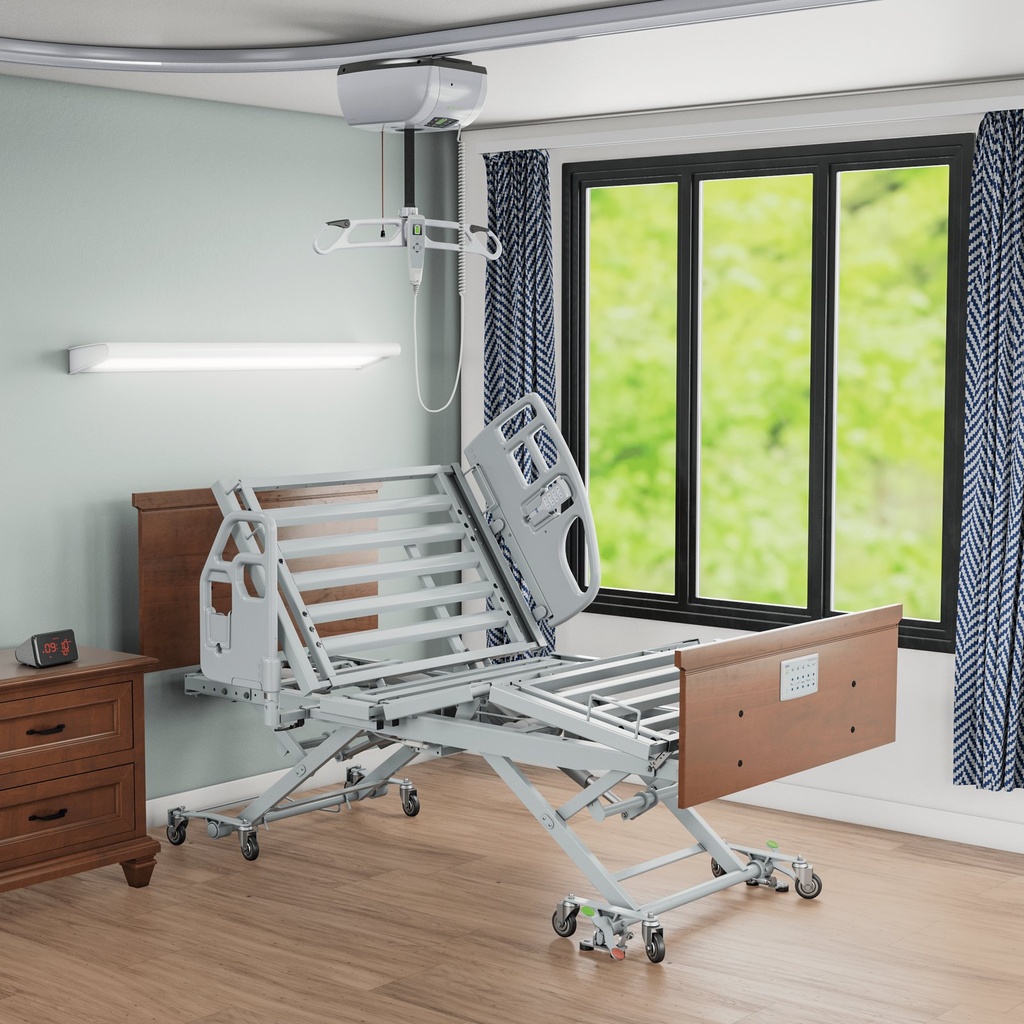 ReadyWide on casters in a care room, deck partly raised, no mattress
