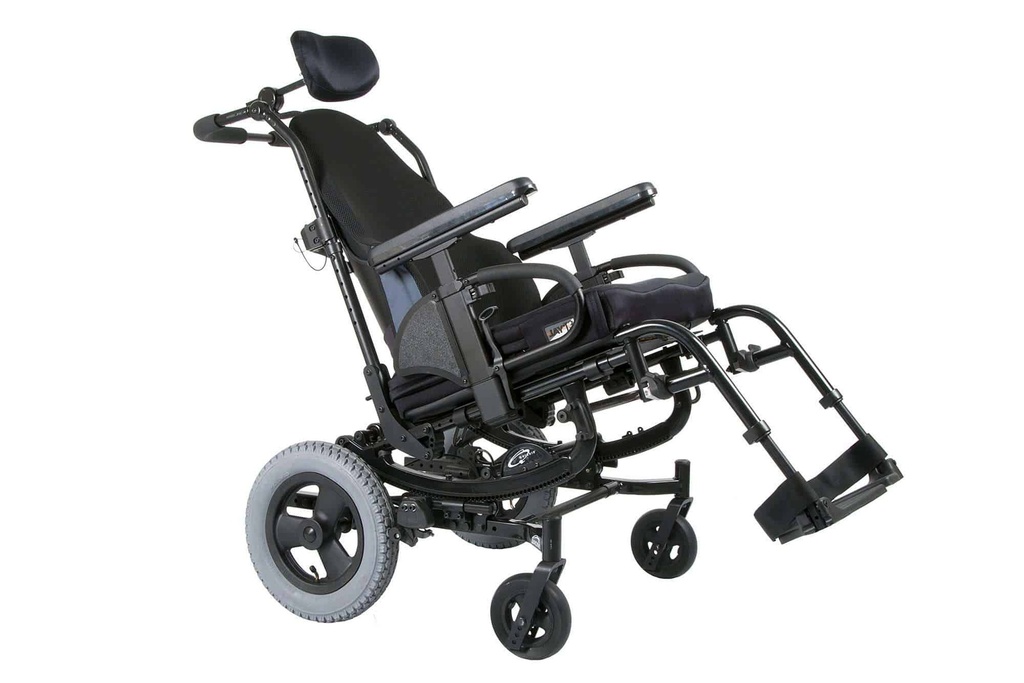 Side three-quarter view of the SR45 sitting upright, push handles and headrest above the back support