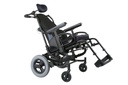 Side three-quarter view of the SR45 sitting upright, push handles and headrest above the back support