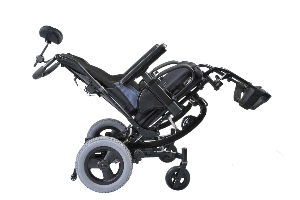 Side view of the SR45 tilted fully back, footrests lifted and the headrest low behind the push handles