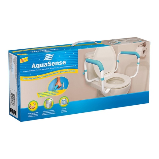AquaSense toilet safety rails retail box, printed with the 300 lb capacity and limited lifetime warranty