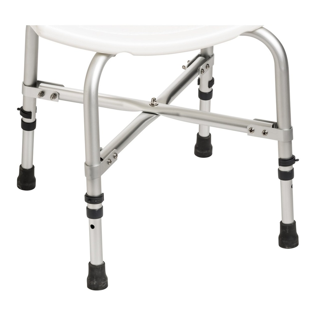 Close view of the frame, showing the riveted cross brace and a leg clip