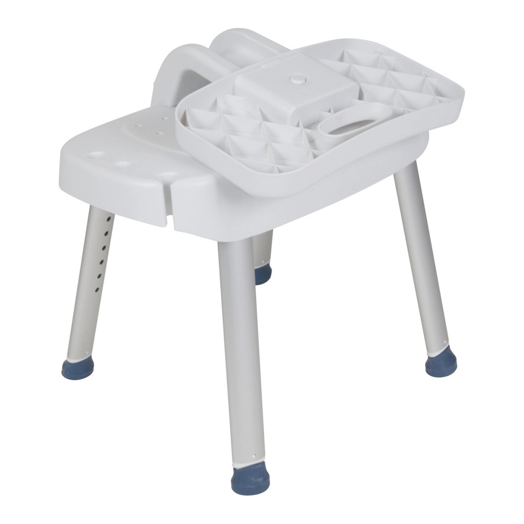 The seat of the shower chair turned over, showing the ribbed moulding underneath