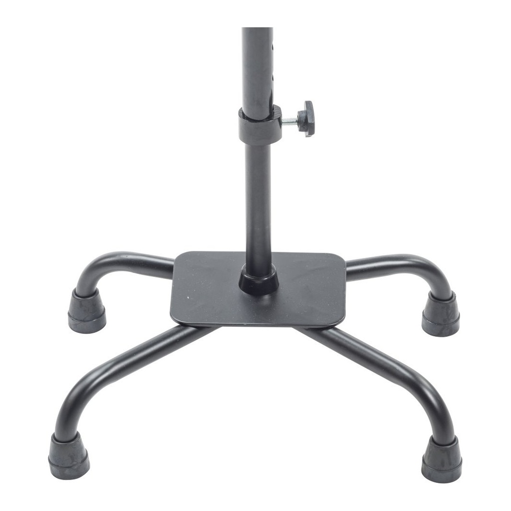 Close view of the K-shaped four legged base on the black quad cane, with the height collar above it