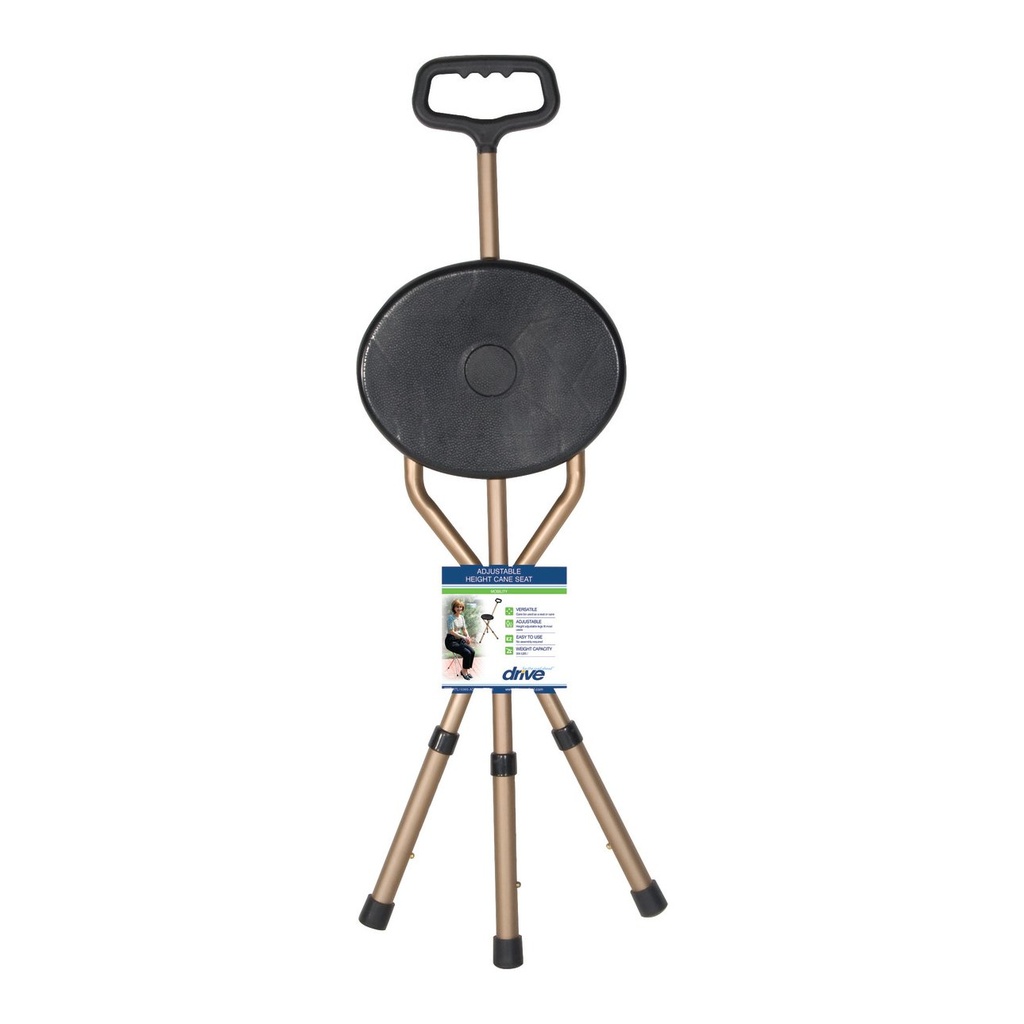 The folding cane seat shut with its retail tag showing, the round seat folded flat against the frame