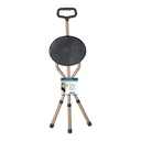 The folding cane seat shut with its retail tag showing, the round seat folded flat against the frame