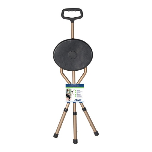 The folding cane seat shut with its retail tag showing, the round seat folded flat against the frame
