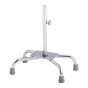 Close view of the large base quad cane's chrome four-foot base, its base plate and the locking bolt on the shaft