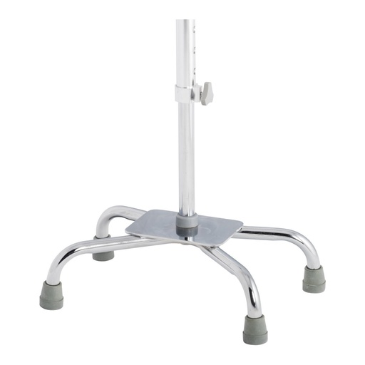 Close view of the large base quad cane's chrome four-foot base, its base plate and the locking bolt on the shaft
