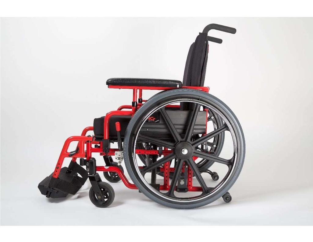 Side view of a red NRG+ Gold showing the mag wheel, front caster and swing-away footrest