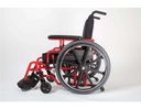 Side view of a red NRG+ Gold showing the mag wheel, front caster and swing-away footrest