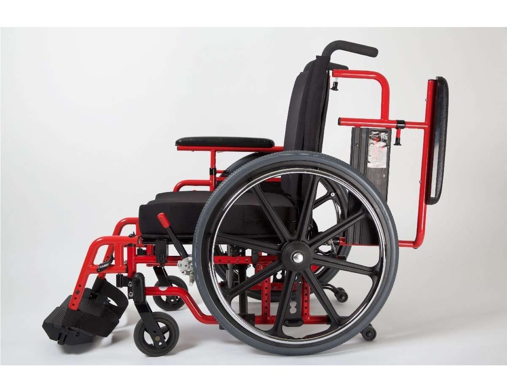 Red NRG+ Gold from the side with one flip-back armrest raised behind the back for a side transfer
