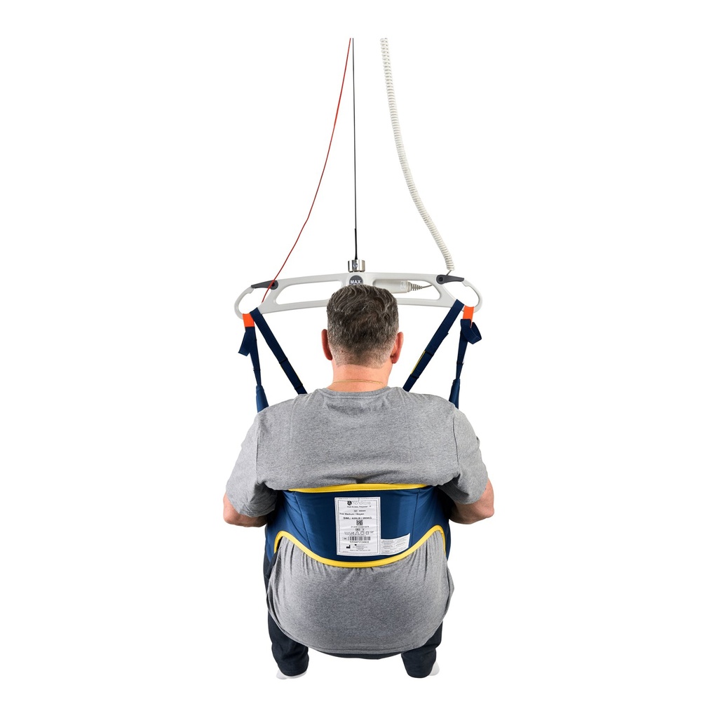 Back view of a Dual Access sling with a torso belt and a label