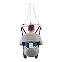 Back view of a Dual Access sling with a torso belt and a label