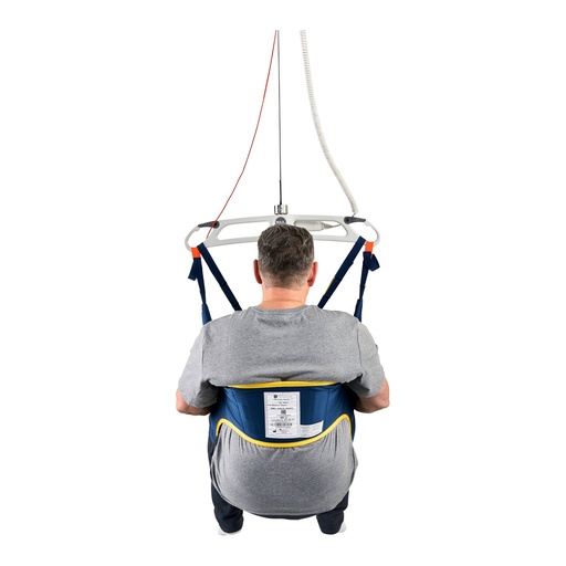 Back view of a Dual Access sling with a torso belt and a label