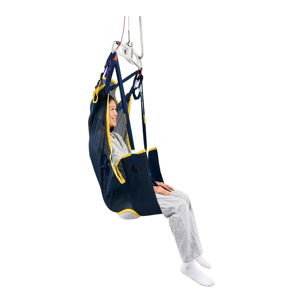 Side view of the mesh hammock, yellow trim, head panel and divided legs