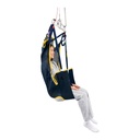 Side view of the mesh hammock, yellow trim, head panel and divided legs