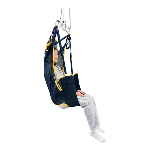 Side view of the mesh hammock, yellow trim, head panel and divided legs